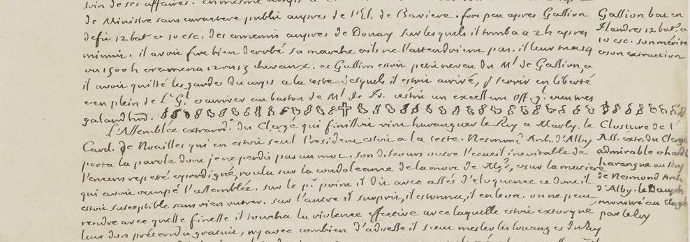 Feuillet 1153 des Mémoires de Saint-Simon (Bibliothèque nationale de France) ligne de larmes et de croix qui matérialise le deuil du duc qui perdit son épouse en juillet 1743 et qui interrompit la rédaction des Mémoires pendant près de sept mois.